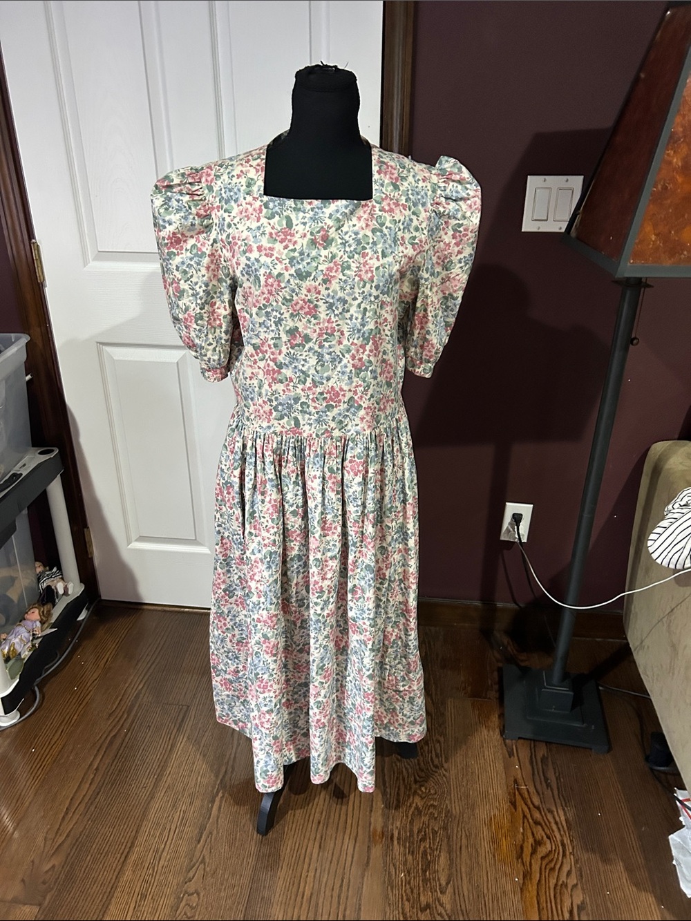 Vtg Laura Ashley Floral Square-Neck Midi Dress pink Blue calico prairie dress